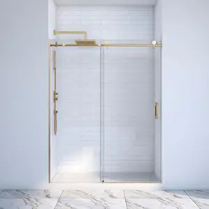 Brass Gold Material 2 Door Slayder Custom Made Tempered Bathroom Single Sliding Shower Glass Door