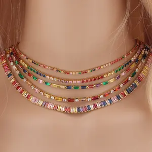 2024 plaqué or chaud coloré diamant zircon tennis chaîne arc-en-ciel saphir collier pour les femmes