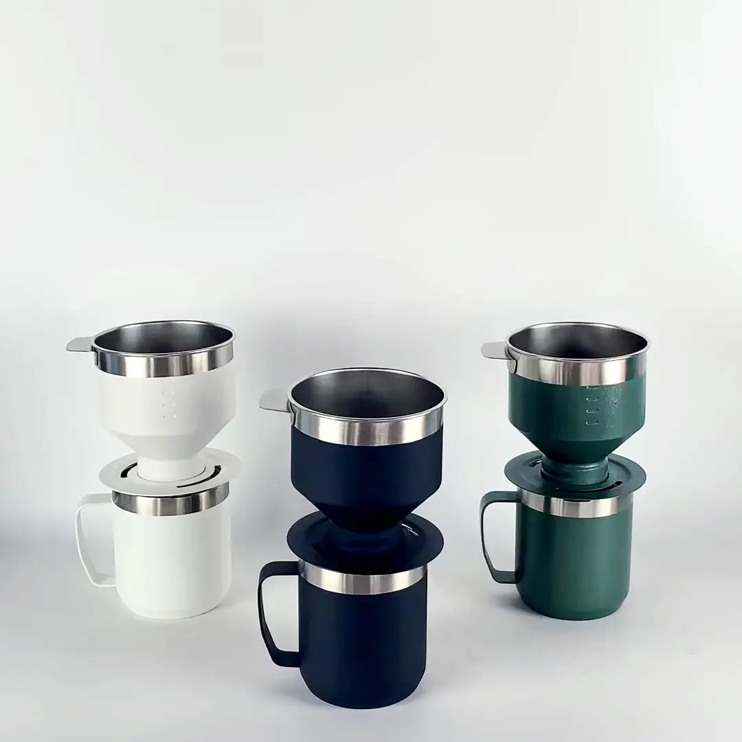 Hi-Q معدات تحضير قهوة محمولة للخارج بطراز كلاسيكي بـ 3 ألوان مزدوجة الجدار من الفولاذ المقاوم للصدأ 304 فنجان قهوة فراغي مزود بغطاء