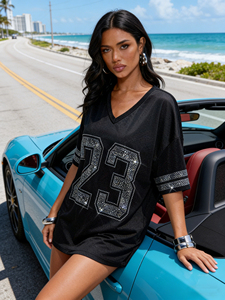 T-<span class=keywords><strong>shirt</strong></span> à col en V pour <span class=keywords><strong>femme</strong></span> avec strass, décontracté, sportif, doux pour la peau, respirant, surdimensionné, fourni directement par l'usine - Product Image 4