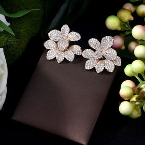 HIBRIDE, lujo, Zirconia cúbica, forma de flor, pendiente de tuerca, joyería de moda de Dubái para mujer, Brincos de deshierbe Para As Mulheres, 2017 - Product Image 3