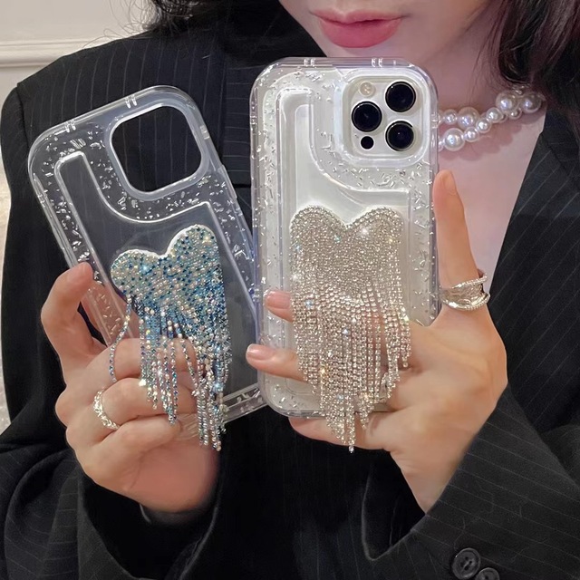 Hot Sale Bright Flashing Light Drill Clear Phone Case with Love Diamond Tassel Holder for iPhone 13 14 15 Pro Max TPU Phone Case