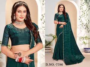 Travail manuel lourd soie femmes Saree avec Zircon Cutwork frontière indien et pakistanais vêtements mariée Saree disponible en gros - Product Image 5