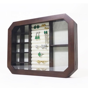 Casing tampilan oktagonal mewah untuk cincin, kotak Organizer penyimpanan perhiasan tipe Flip transparan kaca kayu padat - Product Image 5