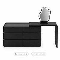 Ensemble coiffeuse avec commode à 6 tiroirs, plateau en verre trempé noir mat, fermeture douce, pour chambre à coucher et décoration intérieure
