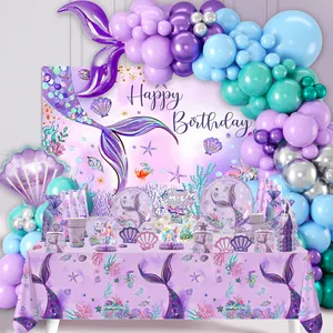 Pequena Sereia Decorações De Festa De Aniversário Placas De Papel Descartáveis Chapéu De Mesa Partido Talheres Gift Bag Balões Bolo Topper