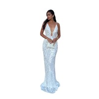 2025 été femmes col en V profond sans manches paillettes robe moulante luxe couleur unie robe de soirée