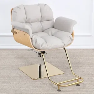 Chaise de coiffure moderne nordique en bois courbé avec coussin capitonné et base carrée dorée pour salon de coiffure et institut de beauté - Product Image 2