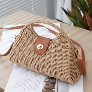 Bolso Bandolera de <span class=keywords><strong>Mujer</strong></span> de Gran Capacidad, Estilo Boho, Ligero, Ecológico, Tejido con Cuerda de Papel, Marco de Hierro en Forma de Media Luna, Hebilla Redonda - Product Image 1