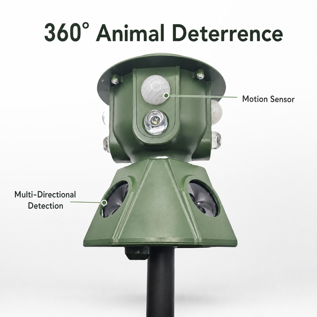 OMNI CATCH 360° Solar Ultrasonic Animal Repeller with LED Light, Deer Bear Raccoon Repellent, Humane Wildlife Deterrent
