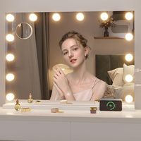 Miroir cosmétique de bureau sur pied de style écran LED à 14 ampoules, avec interrupteur tactile, 3 couleurs réglables, cadre métallique