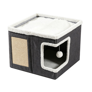 Casa para Gatos Plegable Portátil Grande Personalizada, Diseño de <span class=keywords><strong>Cueva</strong></span> de Tela con Rascador de Sisal y Juguete Colgante para Múltiples Mascotas - Product Image 1