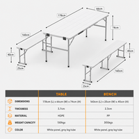 Table pliante rectangulaire LuckyOct de 6 pieds avec 2 bancs en acier HDPE blanc 178 x 66 x 74 cm, table pour événements intérieurs et extérieurs