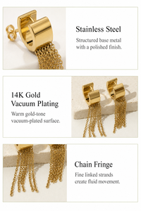 Boucles d'oreilles pendantes Huggie structurées en acier inoxydable plaqué or 14K sous vide avec franges en chaîne dorée - Product Image 3