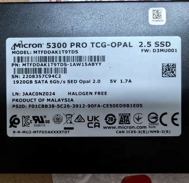 Original MlCRON  5300 PRO MTFDDAK1T9TDS 1.92TB 2.5 Inch SATA 6Gb/s Enterprise SSD With TCG OPAL 2.0 Hardware Encryption