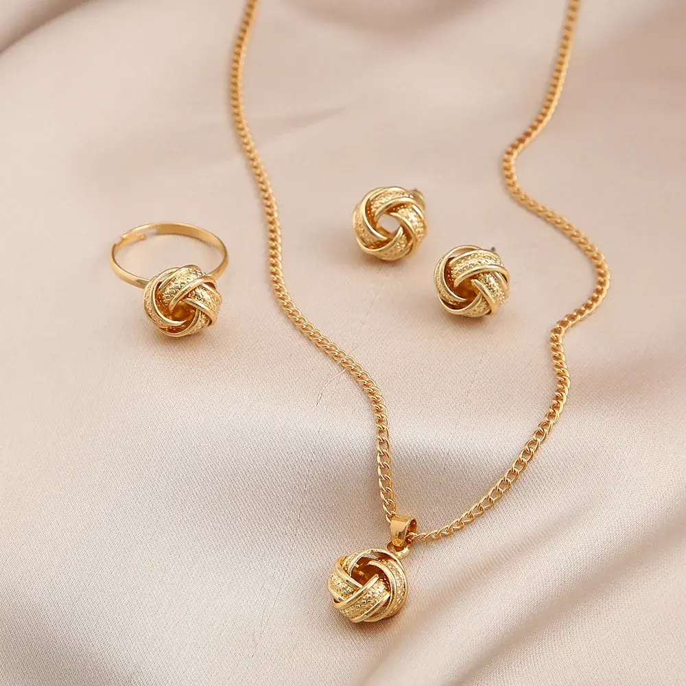 Gold Color Alloy Metal Twist Lucky Knot Earrings Necklace Ring Jewelry Set for Women Girls Trendy Geometric Vintage Accessories