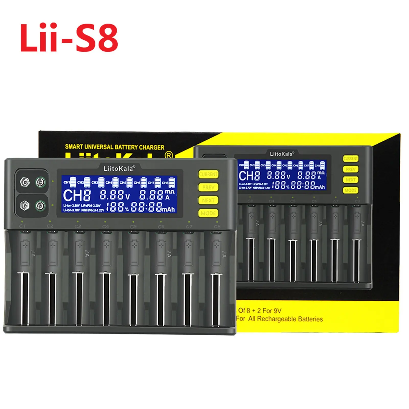 Wholesale LiitoKala Lii-S8 8 Slots LCD 18650 Battery Charger for Li-ion LiFePO4 Ni-MH Ni-Cd 9V 21700 20700 26650 18650 AA AAA