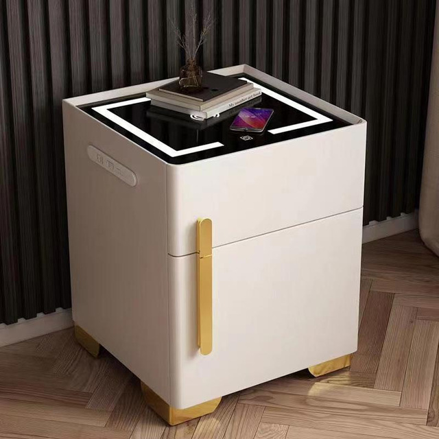 Modern Smart Bedside Table with Builtin Wireless Charger USB Ports and Integrated Bluetooth Speaker for Bedroom