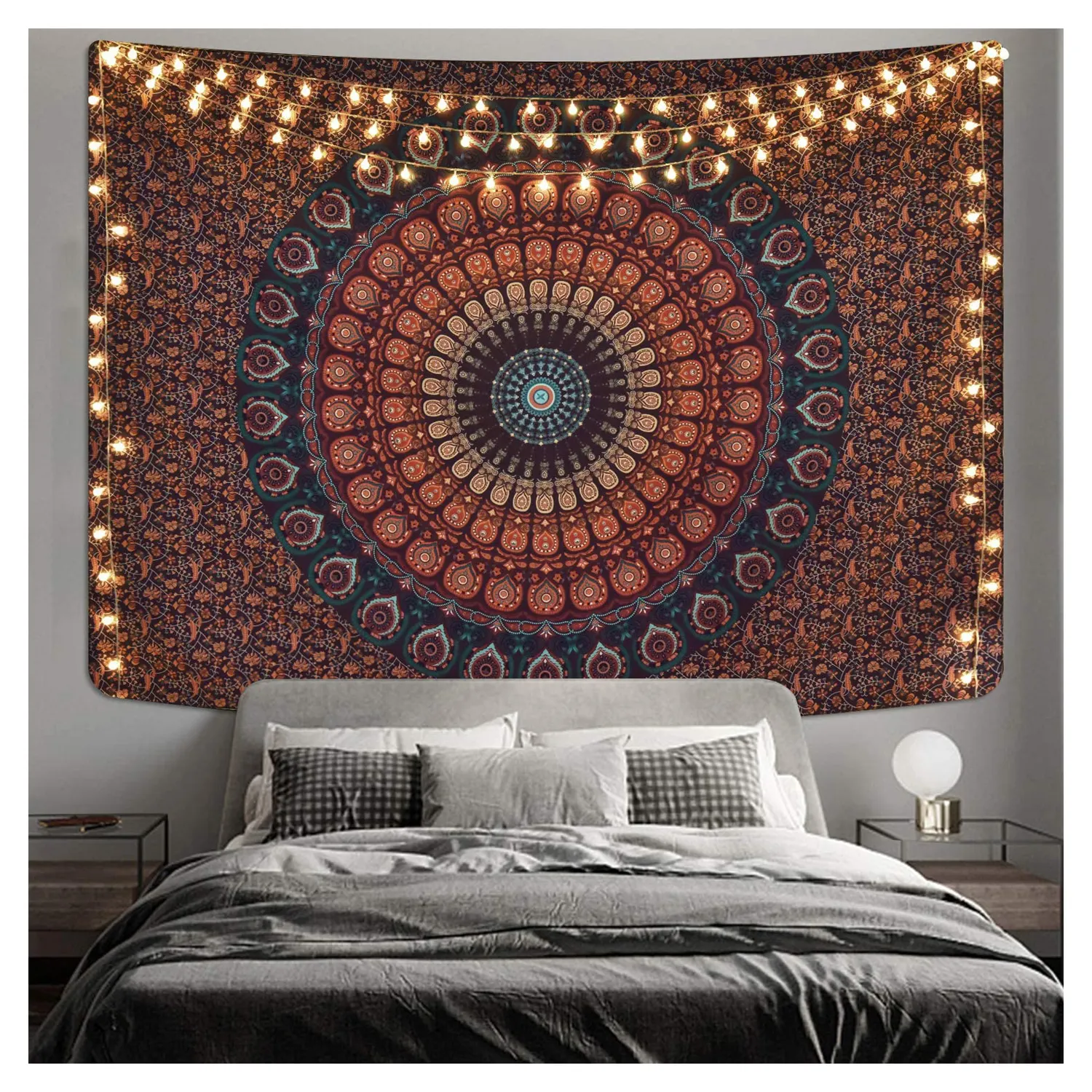 Hippie Bohemian Psychedelic Golden Blue Peacock Mandala Wall Hanging Bedding Tapestry