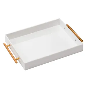 Custom Square Acrylic Tray with Metal Handle For Ottoman Coffee Table Breakfast Food Butler Lucite Tray