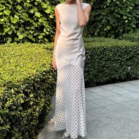 Robe longue élégante pour femme, sans manches, en satin, à pois, patchwork, col bateau, robe de soirée personnalisée