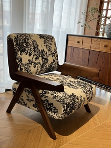 Fauteuil rétro moderne du milieu du siècle, fauteuil lounge en bois massif avec dossier à motifs, fauteuil d'appoint en tissu vert pour salon - Product Image 5
