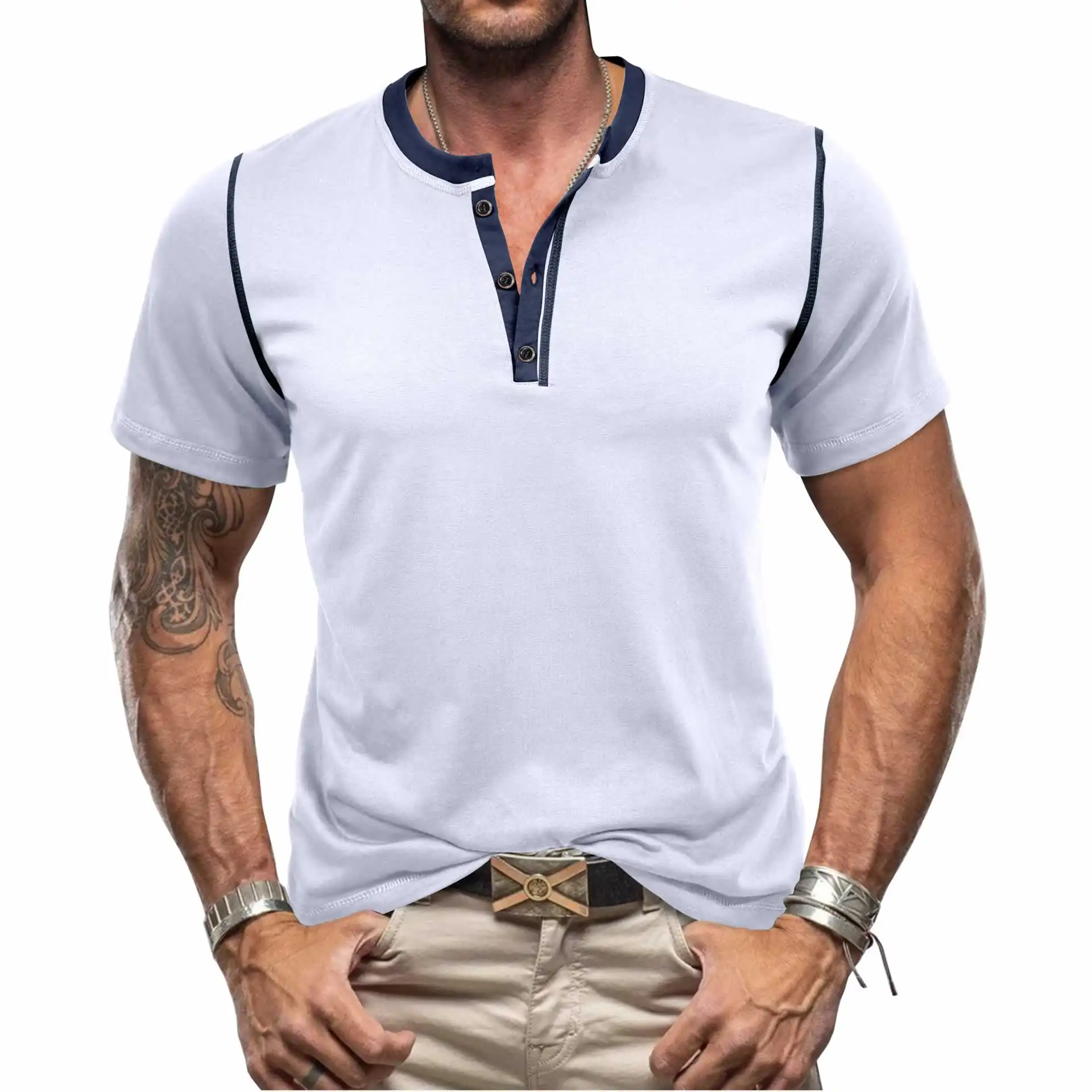 Camisa Henley de algodão clássica masculina de verão, camiseta de manga curta com botões, formal casual, gola alta, desenho em tecido de malha
