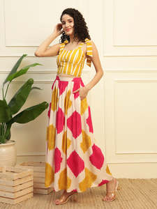 Conjunto de Top y Falda de Rayón Liso y Geométrico hasta el Tobillo para Mujer, Estilo Vestido Occidental Elegante - Product Image 2