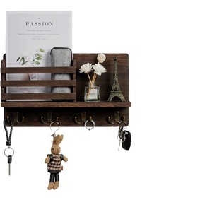 Wooden <b>Wall</b> <b>Mounted</b> <b>Shelf</b> Key Holder Solid Wood Mail Organizer Rectangle Brown Black White Multipurpose Entryway Storage - Product Image 2