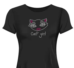 Cartoon ready to ship design heat press rhinestone iron on cat lady shirt garment transfers