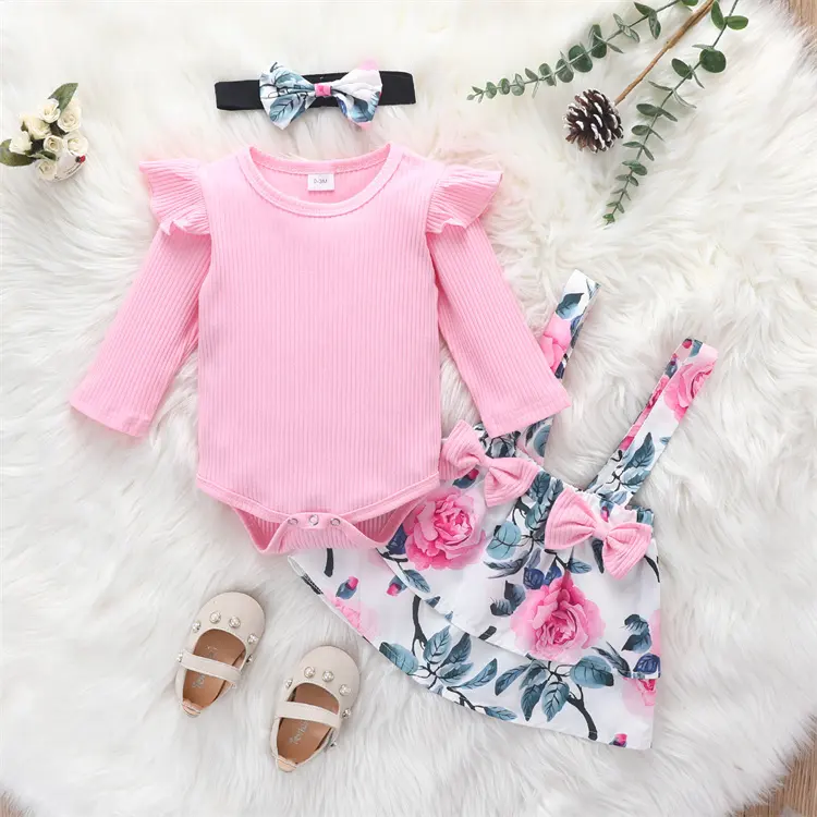 Baju Monyet Bayi Perempuan, Set Baju Monyet Lengan Penuh + Overall Floral + Ikat Kepala 3 Potong Pakaian Anak-anak Musim Semi Musim Panas