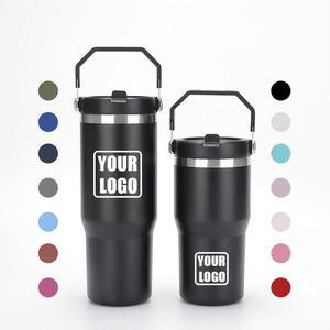 Custom logo 20oz 30oz Insulated Leak Resistant Water Bottle Double Wall Stainless Steel 30 oz Flip <b>Straw</b> Tumbler <b>with</b> Handle - Product Image 1