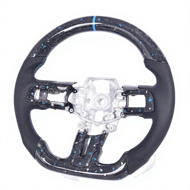 For Mustang 2015-2023 Custom Blue Forged Carbon Steering Wheel with Perforated Leather Grip