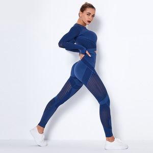 OEM Hollow Out Sexy Seamless Sport Fitness Yoga Wear Gym Outfit Activewear Mesh Long Sleeve Yoga Pant Leggings Mujeres Conjunto de 2 piezas - Product Image 2