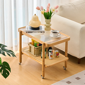 Mesa auxiliar de cristal de estilo japonés con estante de ratán, mesa pequeña de madera maciza para sofá, sala de estar, balcón, almacenamiento - Product Image 2