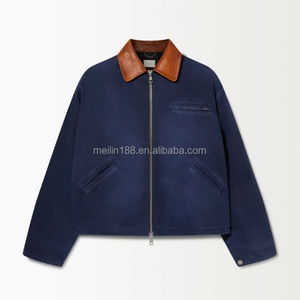 Custom Streetwear High Quality Zipper Work <b>Jacket</b> Boxy Cropped Vintage Blank Leather Lapel Workwear Duck <b>Canvas</b> <b>Jackets</b> <b>Men</b> - Product Image 4