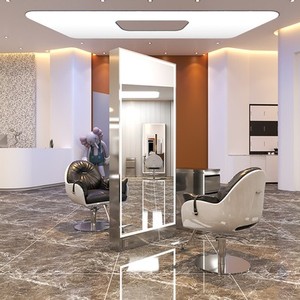 Estación de Espejo Profesional de Doble Cara <span class=keywords><strong>para</strong></span> Barbería |   Espejo de Piso con Marco Metálico e Iluminación LED <span class=keywords><strong>para</strong></span> Salones de Belleza - Product Image 3