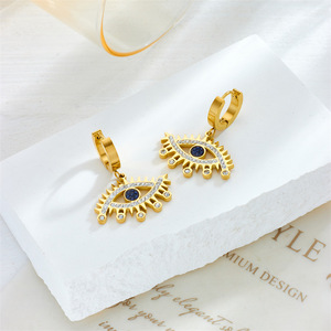 Eye Shape Gold Plated Drop Earrings With Blue Stone And Crystal Inlay For Fashion Jewelry - Product Image 3