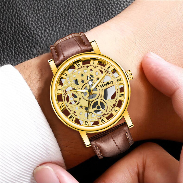 Custom Logo Men's Transparent Bottom Hollow Quartz Watches Wholesale Belt Leather Men Watches