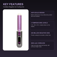 Fer à friser sans fil à ions négatifs 8000 mAh, sans cordon, anti-brûlure, barillet en céramique, 3 niveaux de chaleur 170-210°C, chauffe rapide, LED, portable