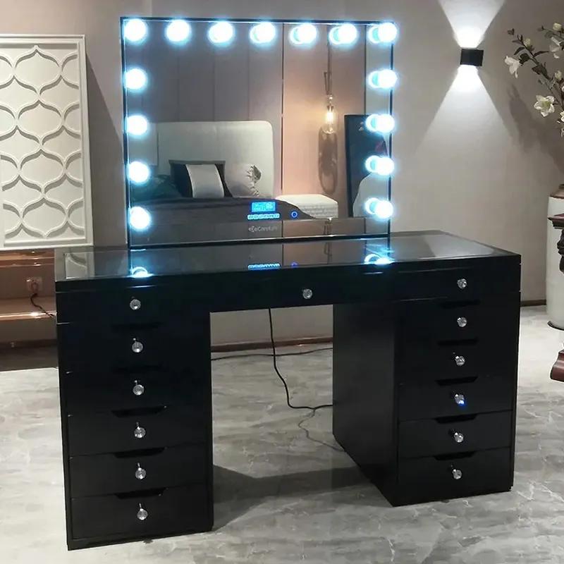 Vaidade de mesa luxuosa com lâmpada LED e gaveta americana, conjunto de cômoda de madeira preta para quarto Hollywood, vidro transparente, atacado