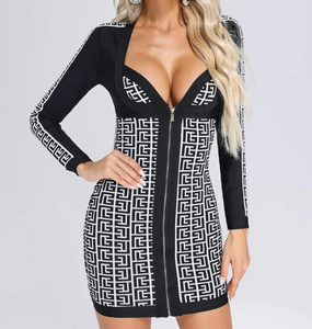 <span class=keywords><strong>Labyrinthe</strong></span> Jacquard Bandage Col en V Robe à glissière sur le devant Robe sexy à manches longues blanche et noire pour club de fête - Product Image 1