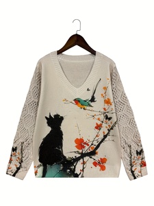 Suéter Casual de Mujer con Estampado de Gatos, Flores y Pájaros al Estilo Chino, Cuello en V, Manga Larga, Estilo Bohemio, Tejido - Product Image 1