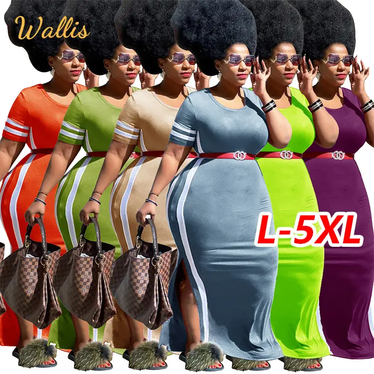 Gaun panjang kasual wanita, gaun Maxi ukuran besar L-5XL warna polos garis samping musim panas