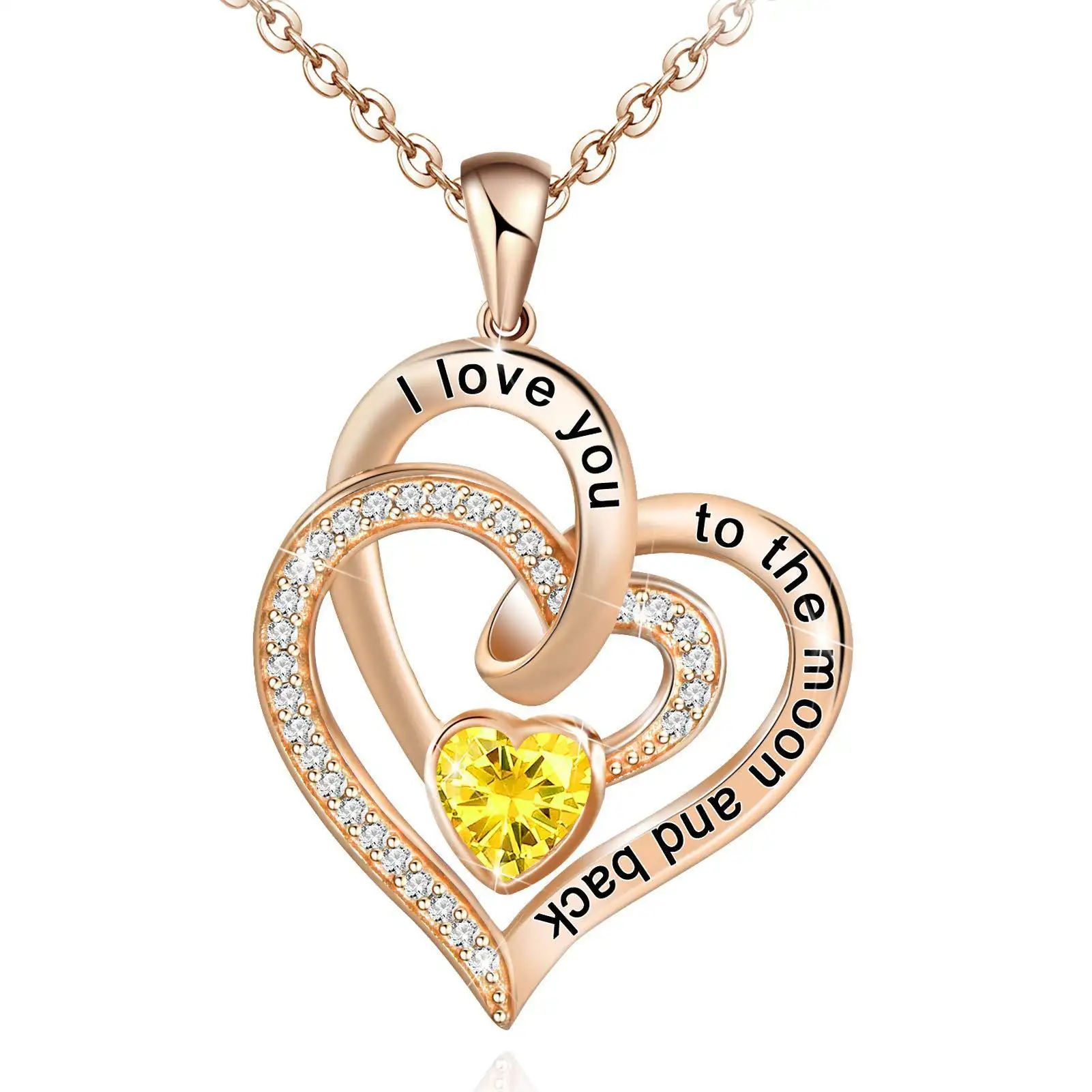 Fashion New style Heart lettering birth stone Necklace Double Heart Diamond Birth month Necklace for women