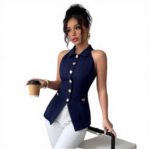 Gilet élégant sans manches pour femme avec col rabattu et boutons dorés, bleu marine uni, longueur standard - Product Image 2