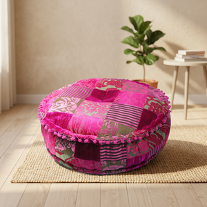 Nouveau design tendance, pouf indien en velours, luxe, rond, couleur rose, patchwork, salon, hôtel, mobilier - Product Image 2