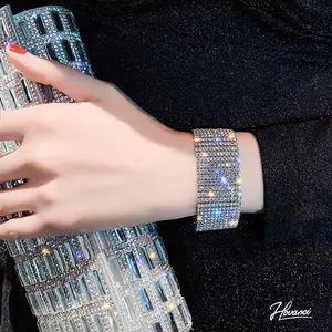 HOVANCI Shiny Full Rhinestone Diamond Elastic Adjustable Bracelet Multi Row Crystal Bling Wristband Women Wedding Bridal Jewelry