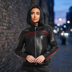 Veste de moto en cuir véritable pour femme, zippée, col montant, style streetwear décontracté, avec empiècements contrastés - Product Image 3