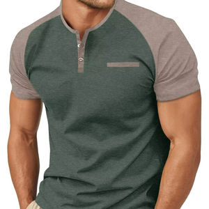 Custom Logo Men's Short Sleeve <b>Henley</b> Shirts Cotton Casual Summer Button T-Shirts with Pocket - Product Image 1